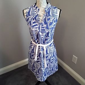 HIHO Designed in Tortola BVI Blue & White Linen Sailboat Dress - XS